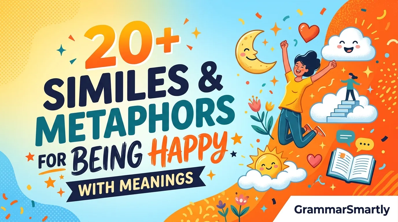Title:20+ Similes & Metaphors For Being Happy With Meanings Design Instructions: Design the image theme, colors, background elements, and visual style according to the article’s topic and content. Make sure the featured image visually represents the main idea, mood, and subject of the article. Add a small 1-inch parallelogram directly attached to the bottom-right corner of the image, with no padding, margin, or spacing from the edges. The parallelogram must touch both the right and bottom edges exactly. Use RGB color (255, 255, 255) for the parallelogram, ensuring it blends cleanly and professionally with the overall design while maintaining a sharp, polished appearance. Use RGB colour (255, 255, 255) for the parallelogram. Position the parallelogram exactly at the corner so it blends neatly and professionally with the overall layout. Inside the parallelogram, add the website name “GrammarSmartly” in the theme color text. Keep the typography clean, modern, readable, and professionally aligned within the shape. Use high-quality visuals, balanced composition, and attractive styling suitable for a professional blog featured image. Ensure the final design is modern, eye-catching, and optimised for blog and social media sharing. 20+ Similes & Metaphors For Being Happy With Meanings